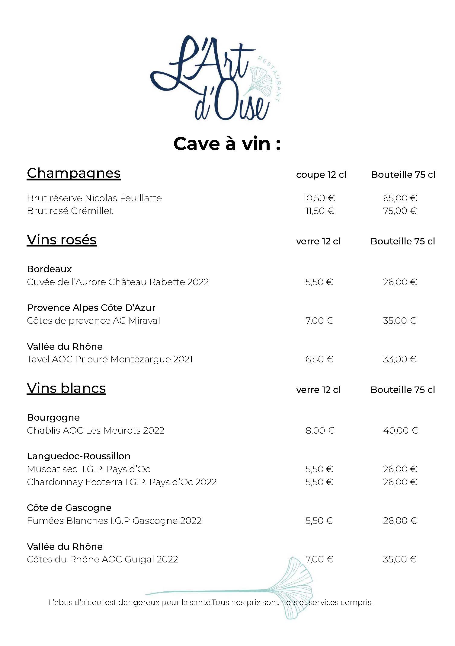 CARTE DES VINS ET DES BOISSONS L'Art d'Oise